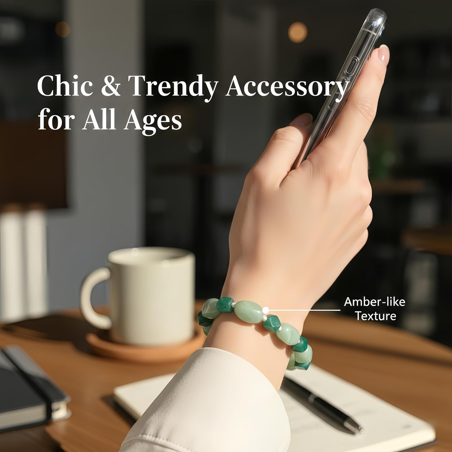 Beaded Phone Lanyard Wrist Strap Handmade Irregular Stone Acrylic Bead Phone Charm with Metal Ring for Keys Handbag