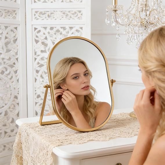 Makeup Mirror with Metal Frame,360° Rotating Desk Oval Table Mirrors,11X7in Desktop Makeup Mirror for Dressing Table Living Room Bedroom Tabletop