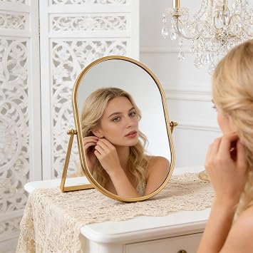 Makeup Mirror with Metal Frame,360° Rotating Desk Oval Table Mirrors,11X7in Desktop Makeup Mirror for Dressing Table Living Room Bedroom Tabletop
