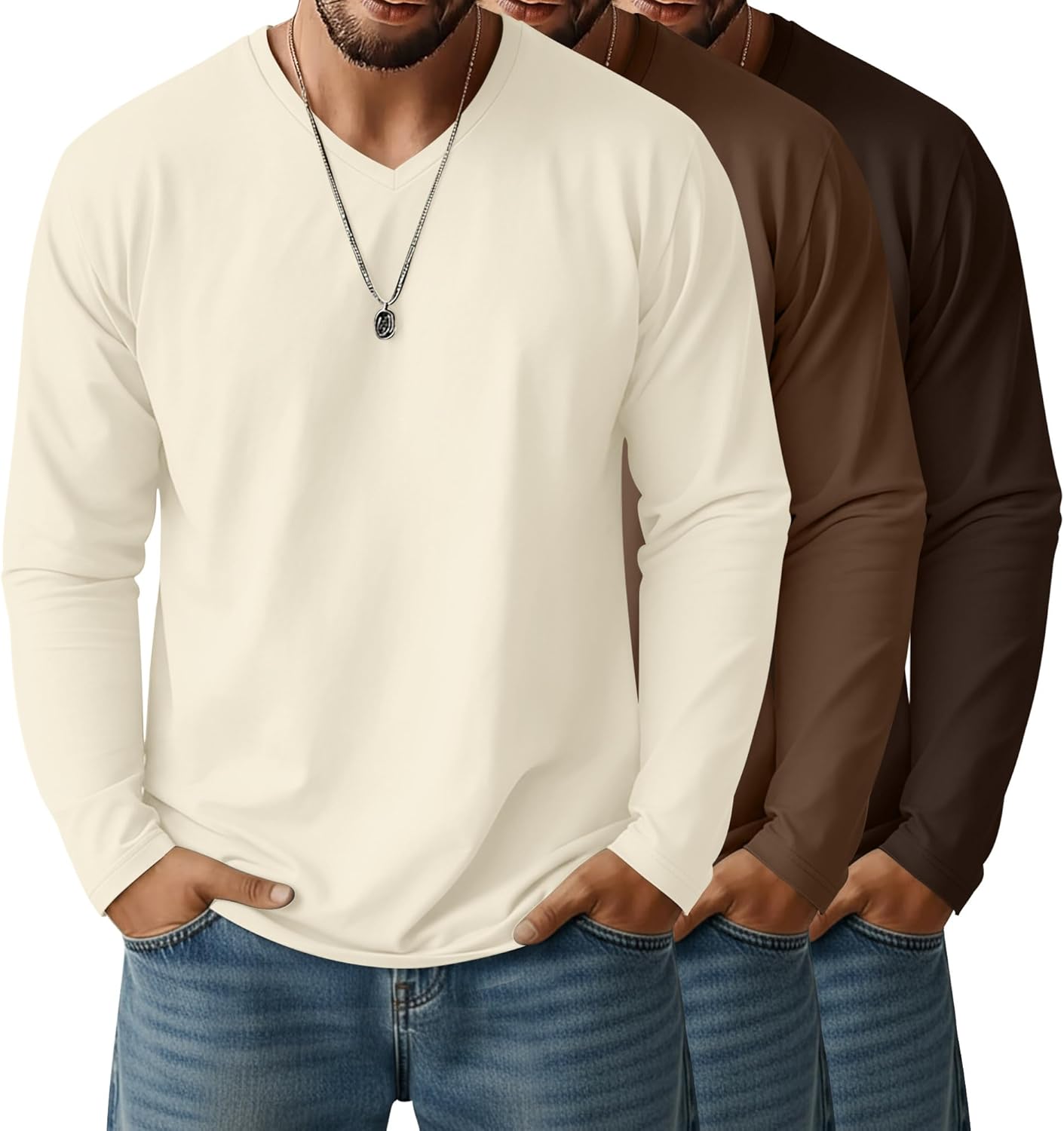 Ficerd 3 Pack Big and Tall Shirts for Men V Neck Cotton Long Sleeve Tee L-7XL Casual Loose Tops Oversized Basic T Shirts