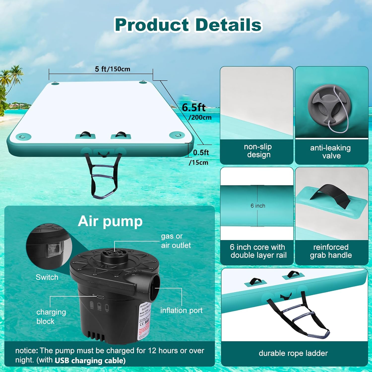 Inflatable Floating Docks for Lake (12 X 6.5 Ft /10 X 6.5Ft /8 X 6.5Ft) Inflatable Floating Dock with Rechargeable Air Pump Floating Platform for Pool Beach Ocean Lake Floating Dock Inflatable Rafts