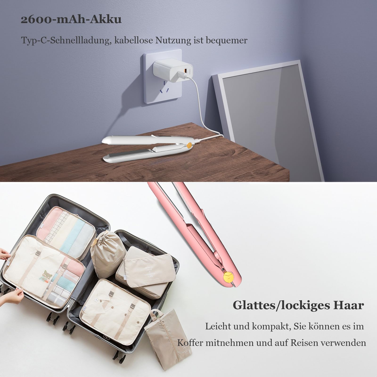 Kabelloser Haarglätter 2 in 1 Lockenwickler, Mini Glätteisen Wiederaufladbares USB Glätteisen, Negative Ionen Mini Reiseglätter mit 3 Temperaturen 160/180/200℃ für kurzes & langes Haar (Weiß)