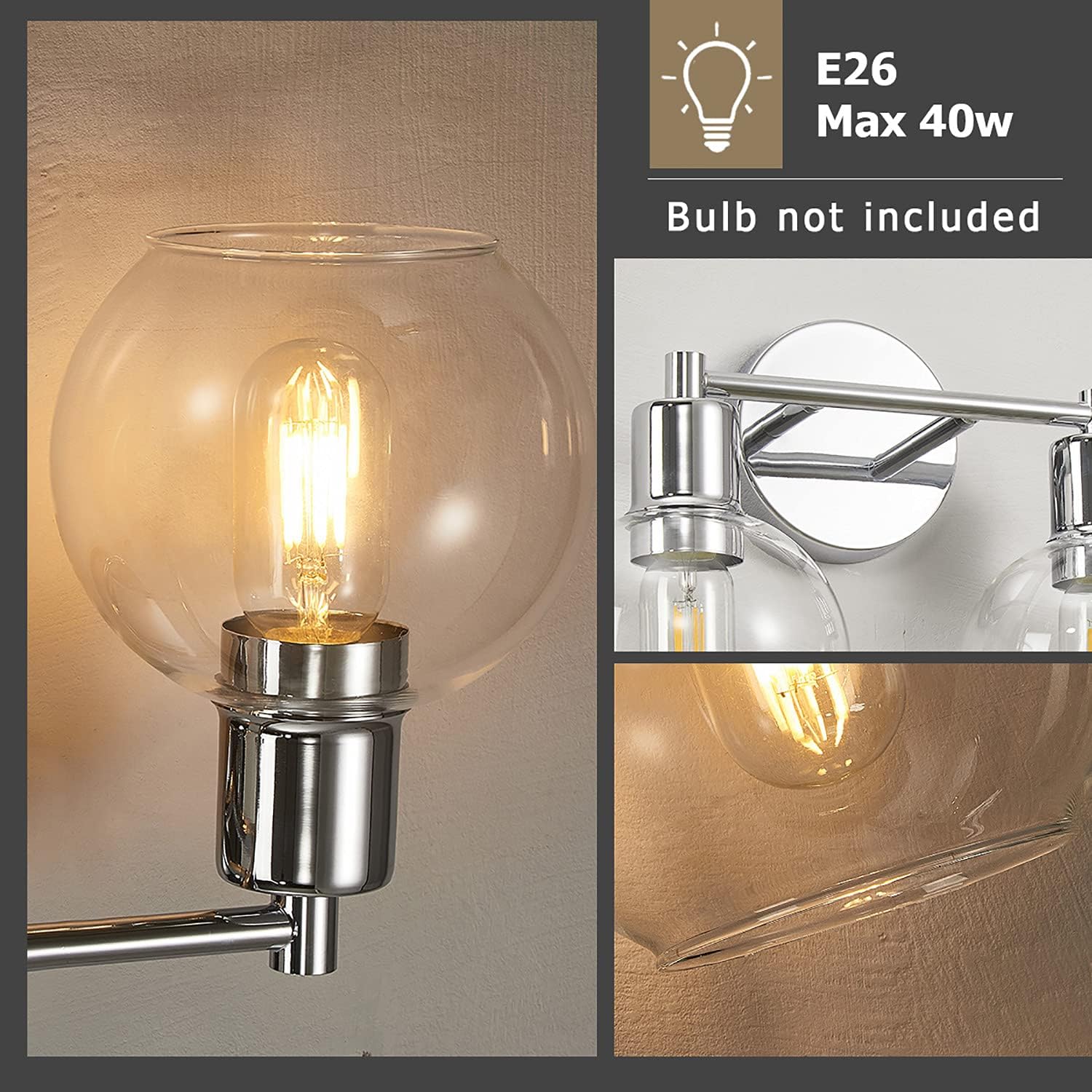 Promo Discount Up To 70% Off Globe Vanity Light Fixtures ,4-Light Modern Metal Chrome Finish Wall Sconce for Bathroom,31.5 inch Industrial Wall Lighting with Clear Glass Shade.(Chrome）