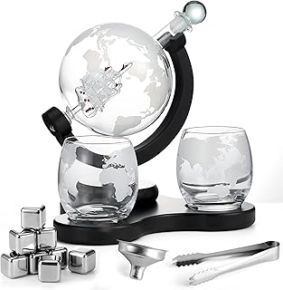 Aoeek 850ml Globe Whisky Decanter Set - Handmade Borosilicate Glass, 2 Engraved Globe Glasses, 8 Whisky Stones, Stainless ...