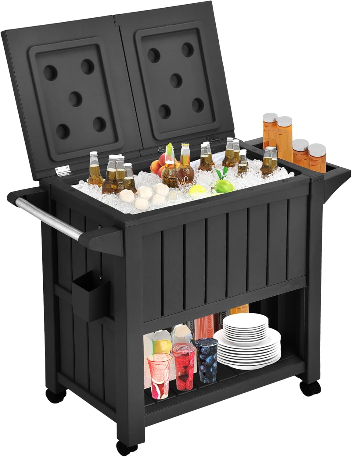 DWVO Cooler with Wheels, Rolling Ice Chest with Bottle Opener Drainage, 85 Quart Portable Patio Cooler on Wheels, Outdoor Beverage, Ice Chest Cart for Pool Deck Party BBQ Cookouts (Black)