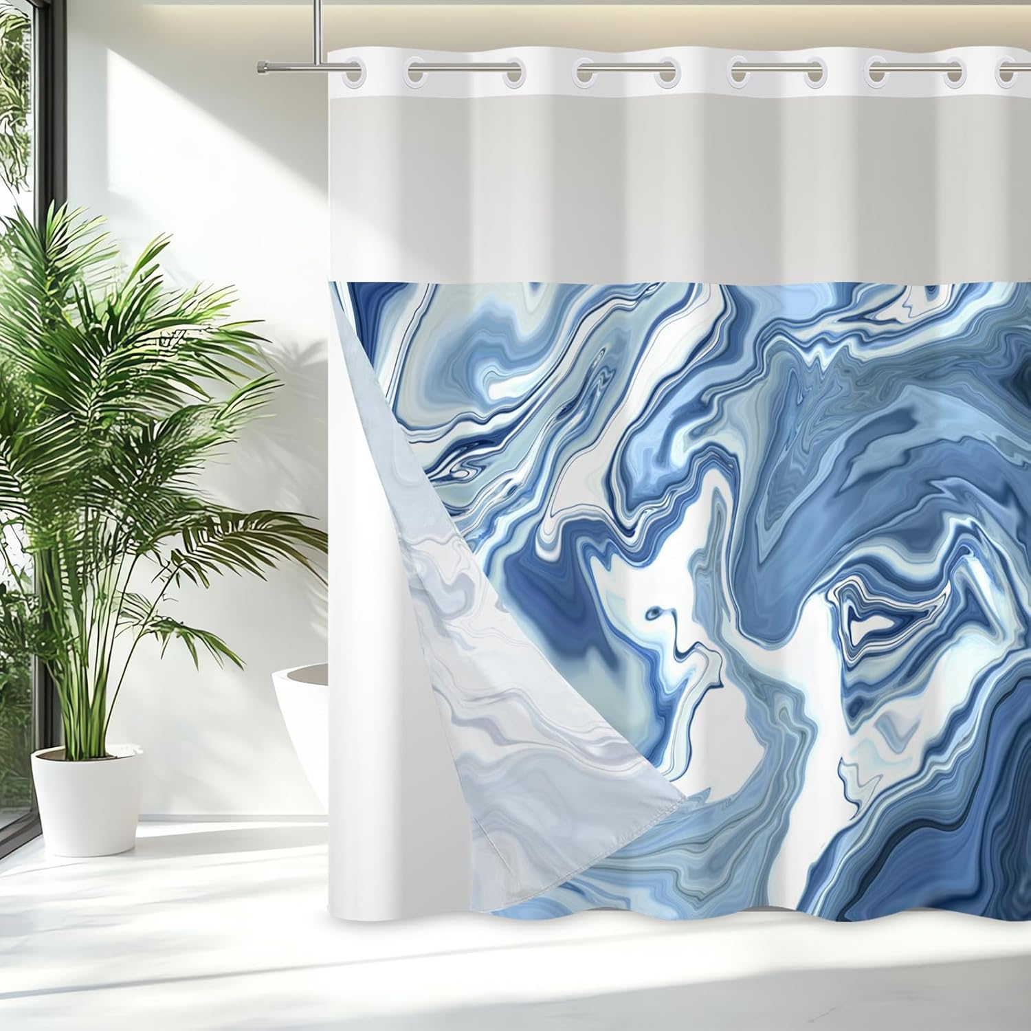 71x71 Inch Without Hook Marble Shower Curtain and Liner Set Watercolor Ink Art Painting Snap in Shower Curtains for Bathroom Modern Funky Neutral Bathroom Set for Decor