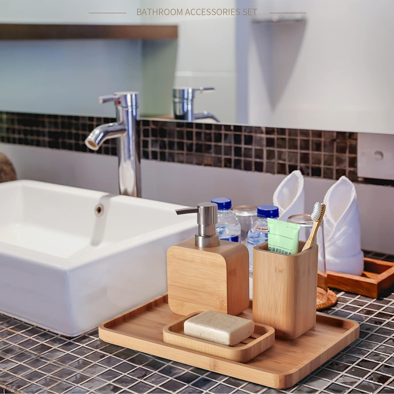 4Pcs Handmade Bamboo Sink & Bathroom Accessories Set Retro Set, Natural, Soap Dish Holder for Shower, Lotion Soap Dispenser, Mouthwash Cup, Rinse Cup, Organiser Tray for Hotel, House, Office - Image 4