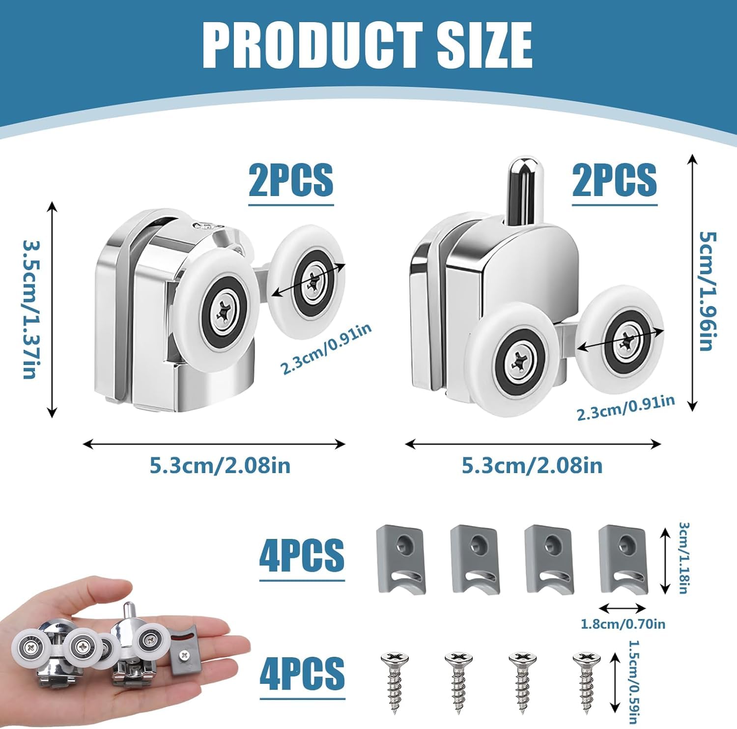 Linwnil Shower Door Rollers 23mm, 4pcs, Chrome, 4-6mm Glass Thickness, 12-14mm Aperture, Anti-Collision Block, Stainless Steel Screws - Image 2