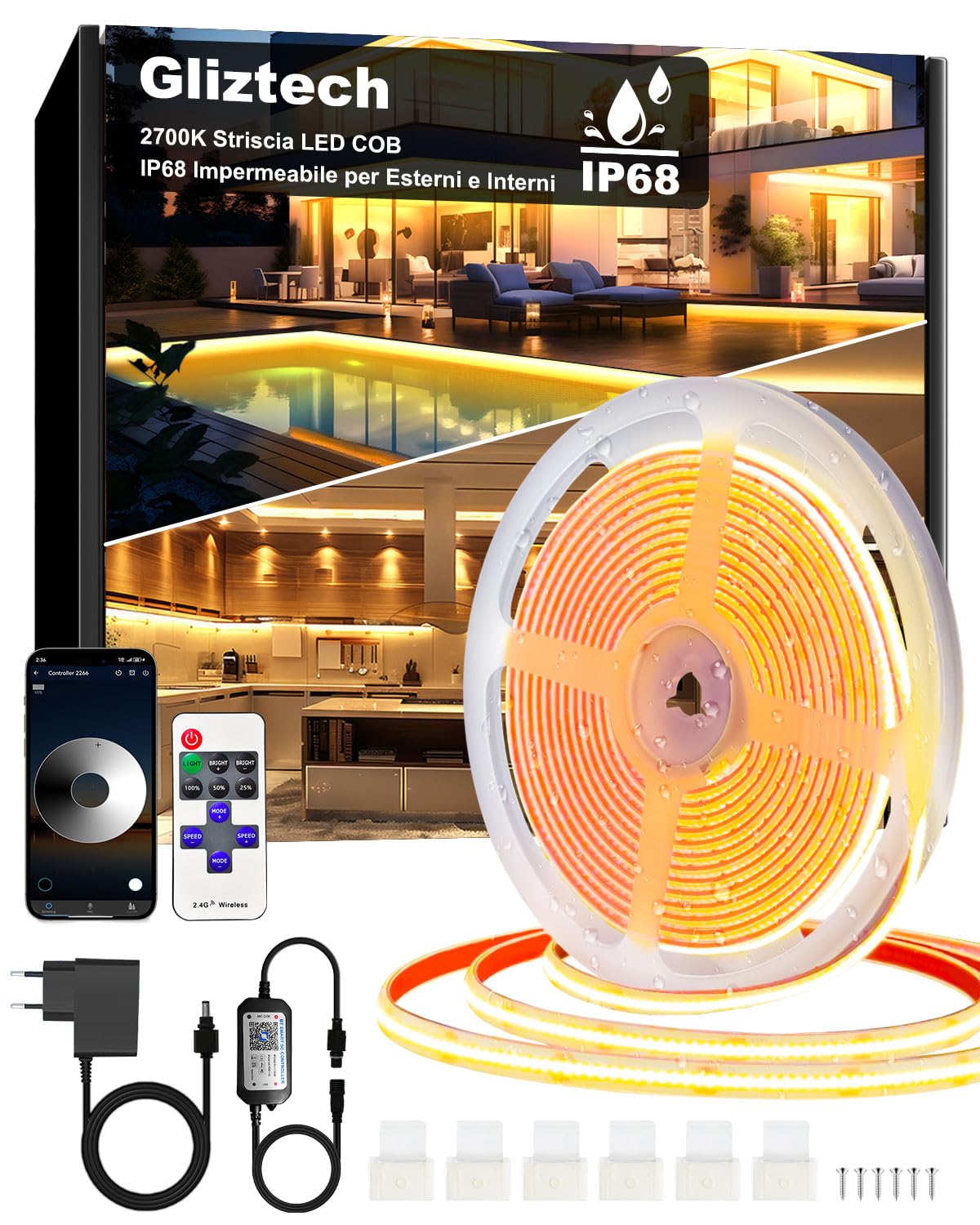 Gliztech 15M Striscia LED COB IP68 Impermeabile, 2700K Autoadesiva Bianco Striscia LED per Esterni con Alimentazione 24V, BT APP e Telecomando per Grondaie Giardino Piscina Terrazza Cucina