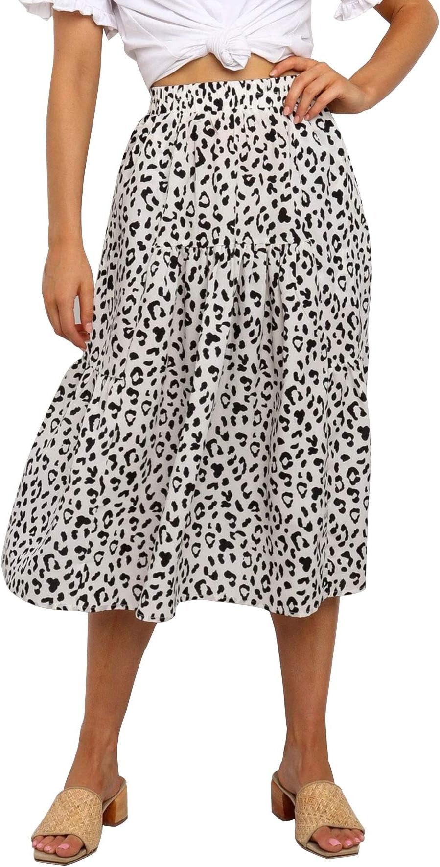 MEROKEETYWomen's Boho Leopard Print Skirt Pleated A-Line Swing Midi Skirts