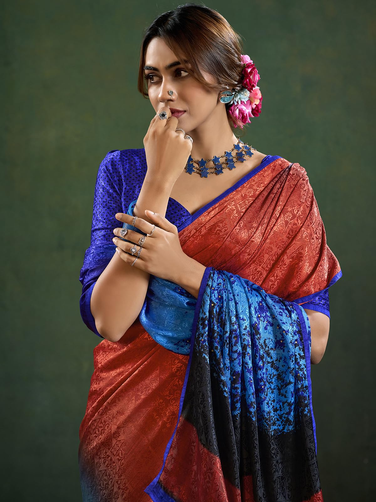 Satrani Women's Silk Crepe Weaving Printed & Stone Work Saree With Unstitched Blouse Piece (4180S116N_Blue & Multi)