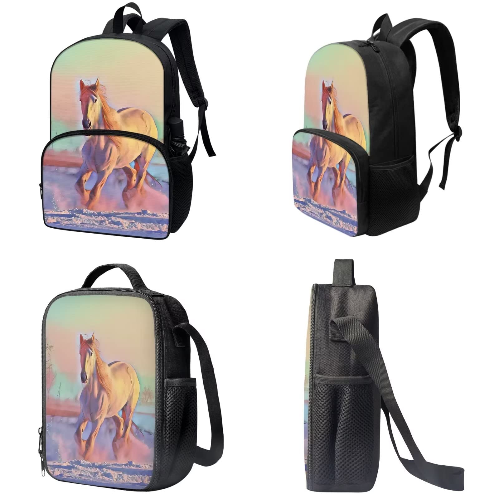 Poceacles Schultasche und Lunchbox-Set für Teenager, Jungen, Grundschule, Büchertasche, Federmäppchen für Grundschulkinder, pferd, Einheitsgröße