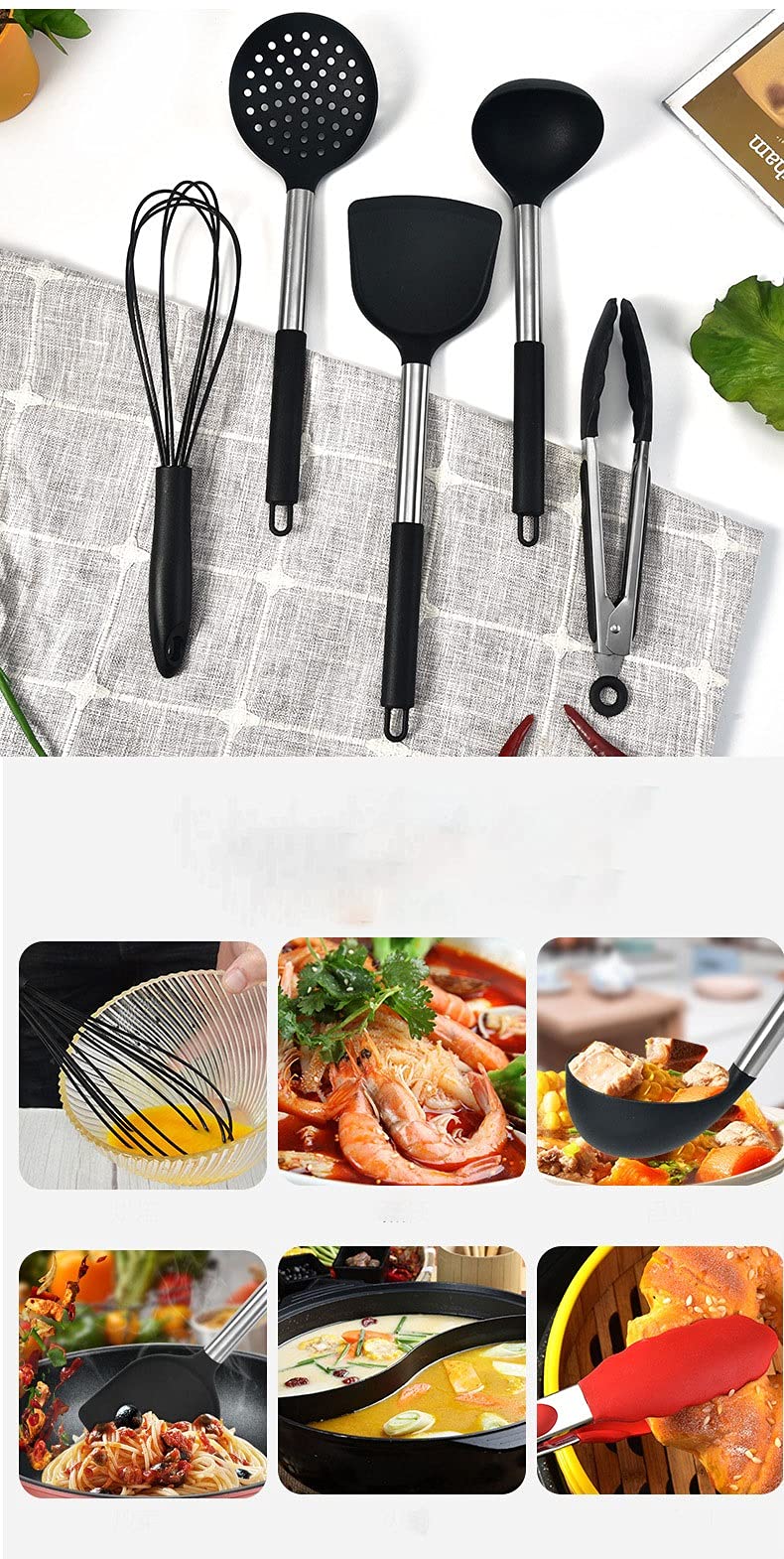 5 Silicone Cooking Utensils Kitchen Utensil Set -Kitchen Utensil Sets for Nonstick Cookware Black Kitchen Tools Spatula with Stainless Steel Handle