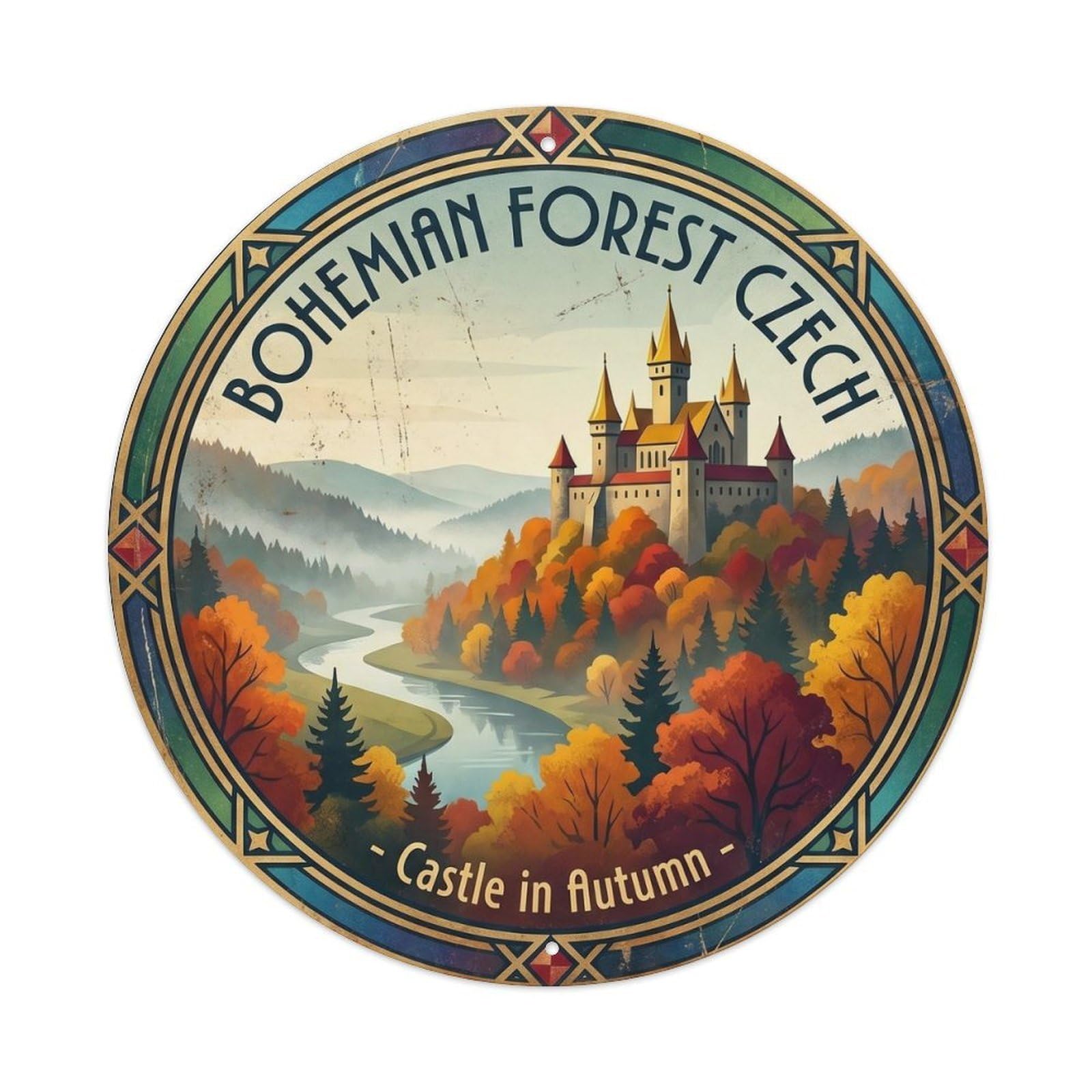 Vintage Travel Bohemian Forest Czech Castle Vintage Metal Tin Sign Plaque Wall Decor for Cafe, Club Bar, Office, Garden Metal Poster 8x8Inch