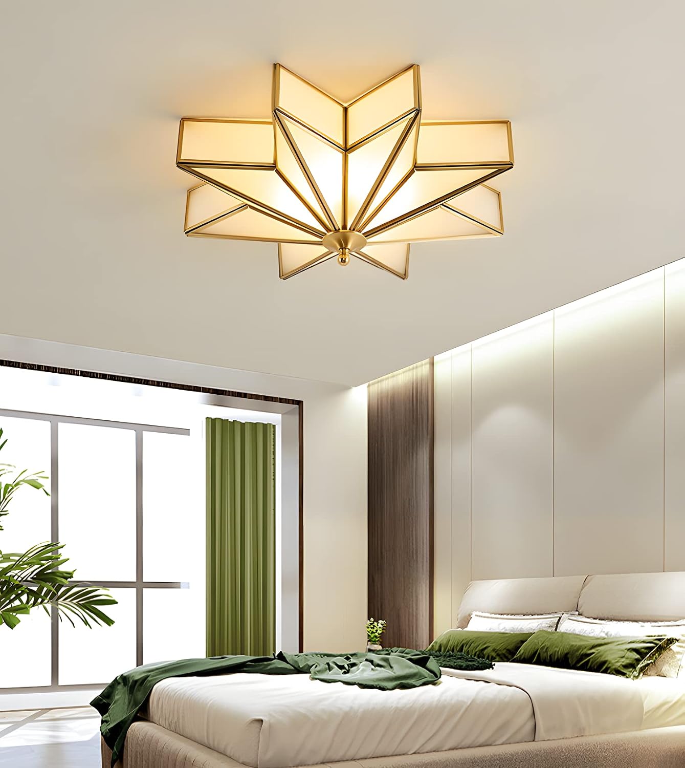 Frosted Glass Ceiling Light BIGMAII Modern Art Deco Ceiling LED Lights 3 Color Temperature Traditional Star Shape Brass Flush Mount Close to Ceiling Light Fixtures for Living Room, 19.5"