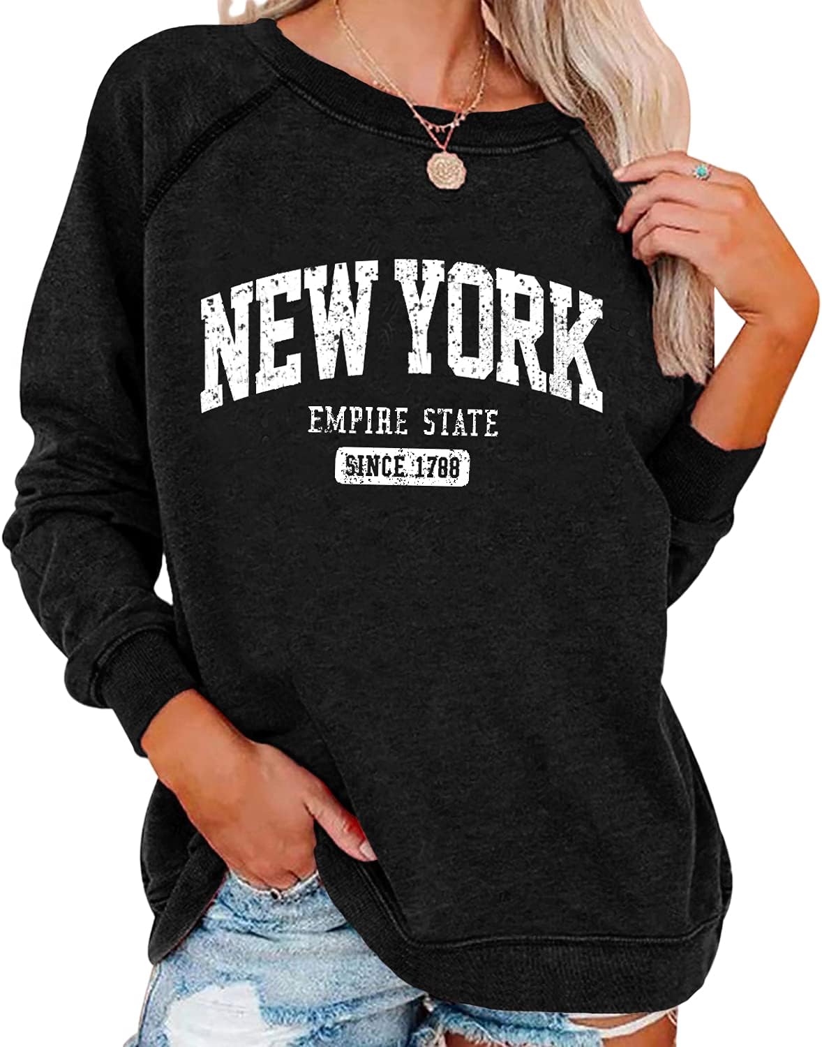 Vdnerjg Women's New York Letter Print Sweatshirt Crewneck Long Sleeve Casual Loose Fit Pullover Shirt