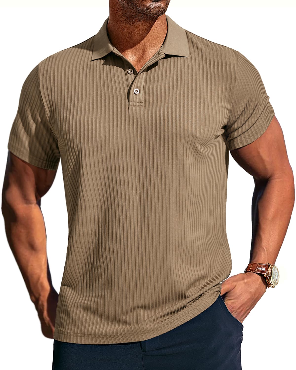 Mens Texture Polo Shirts Casual Wrinkle Free Elasticity Short Sleeve Knit Golf Shirt Tops
