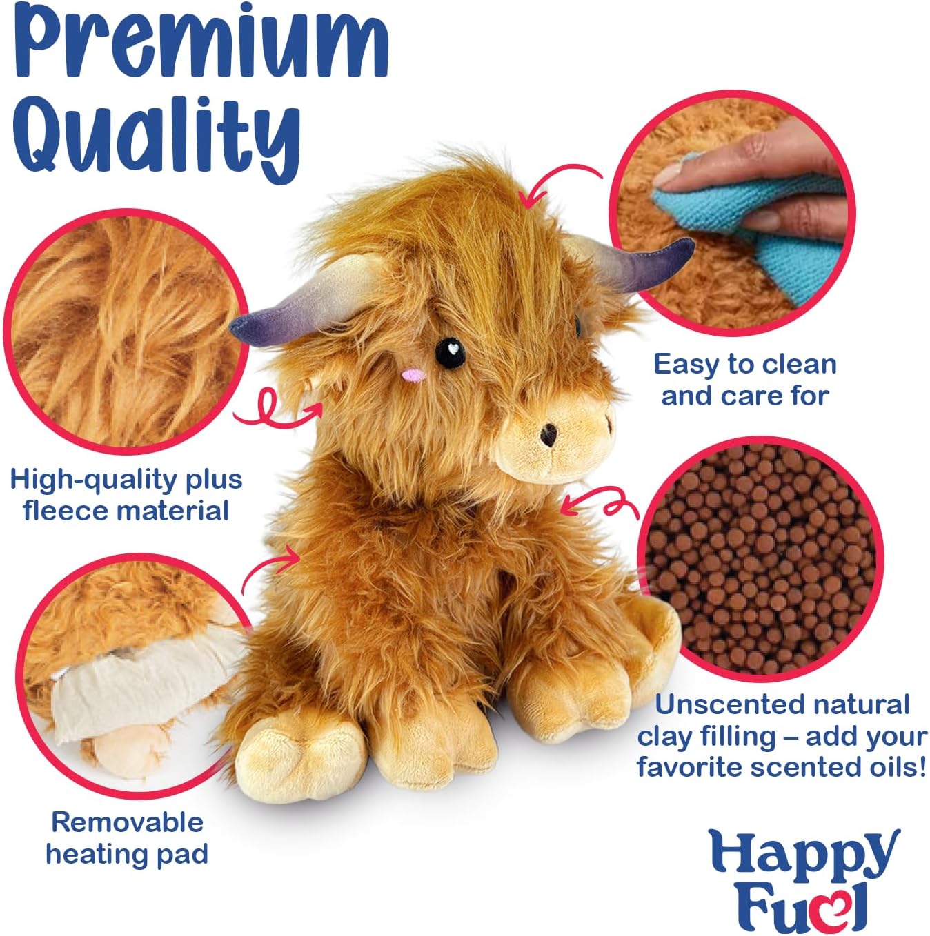 Happy Fuel Highland Cow Microwavable Stuffed Animal – 1.5 lb Unscented Heating Pad Plush, Soft Cozy Cute Cow Toy Gift for Women, Girls, Adults & Kids