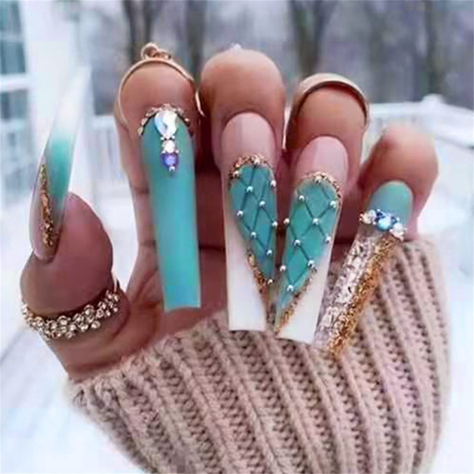 VOTACOS Press on Nails Long Coffin Fake Nails Peacock Blue Heart False Nails with Glitter Rhinestone Design Matte Full Cover Stick on Nails for Women