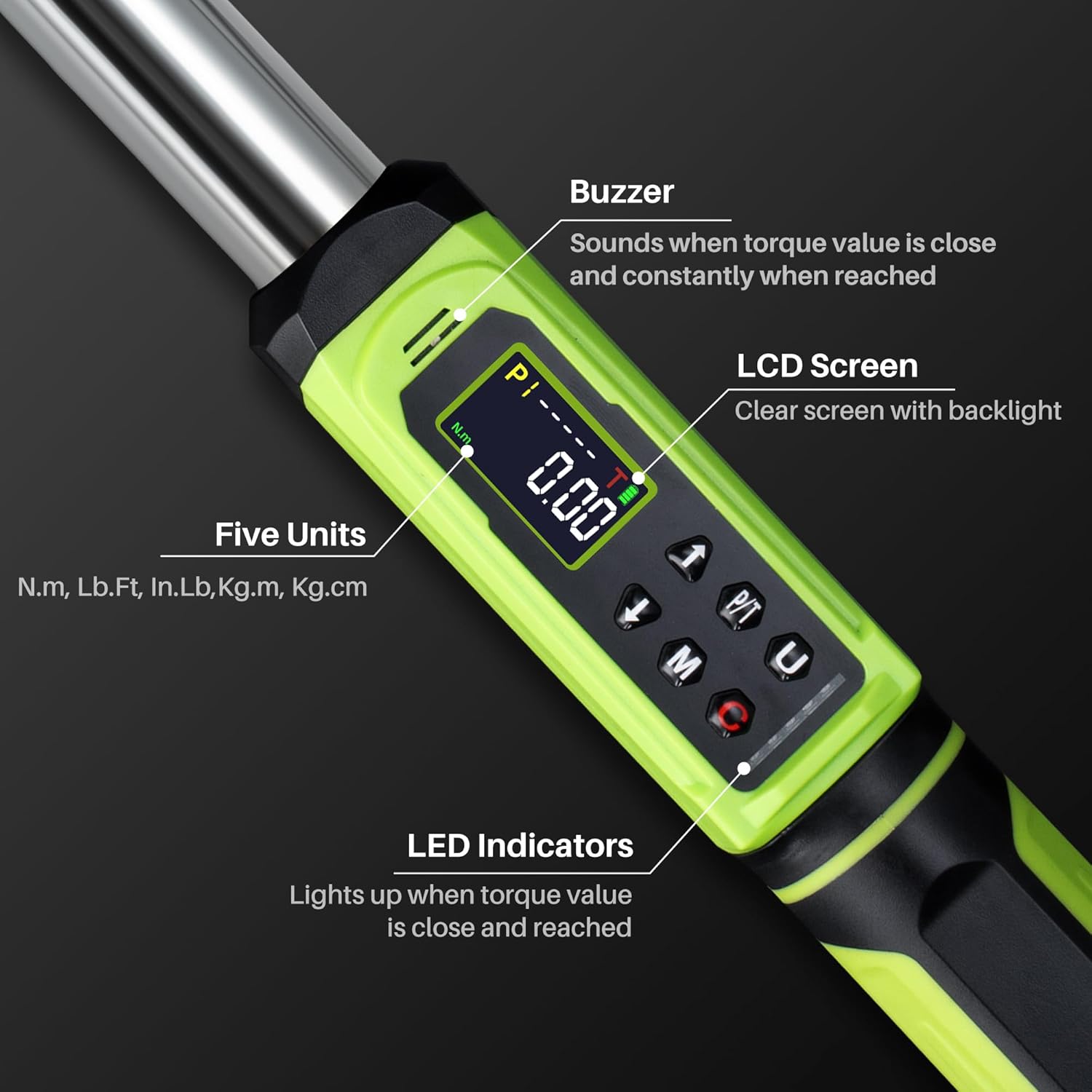 Digital Torque Wrench 1/2" Drive-2.2-147.5Ft.Lb/3-200N.m, Electric Torque Wrench With Dual Direction Vibration Buzzer LED Indicator,±2% Accuracy Five Units for Bike Motorcycle Car Auto Repair