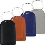 4 Pack Luggage Tag, PU Leather Suitcase Tags, Travel Tags for Luggage | with Name ID Card, Privacy Protection Luggage Tags, Lightweight & Water-Repellent, Sturdy Stainless Steel Loop