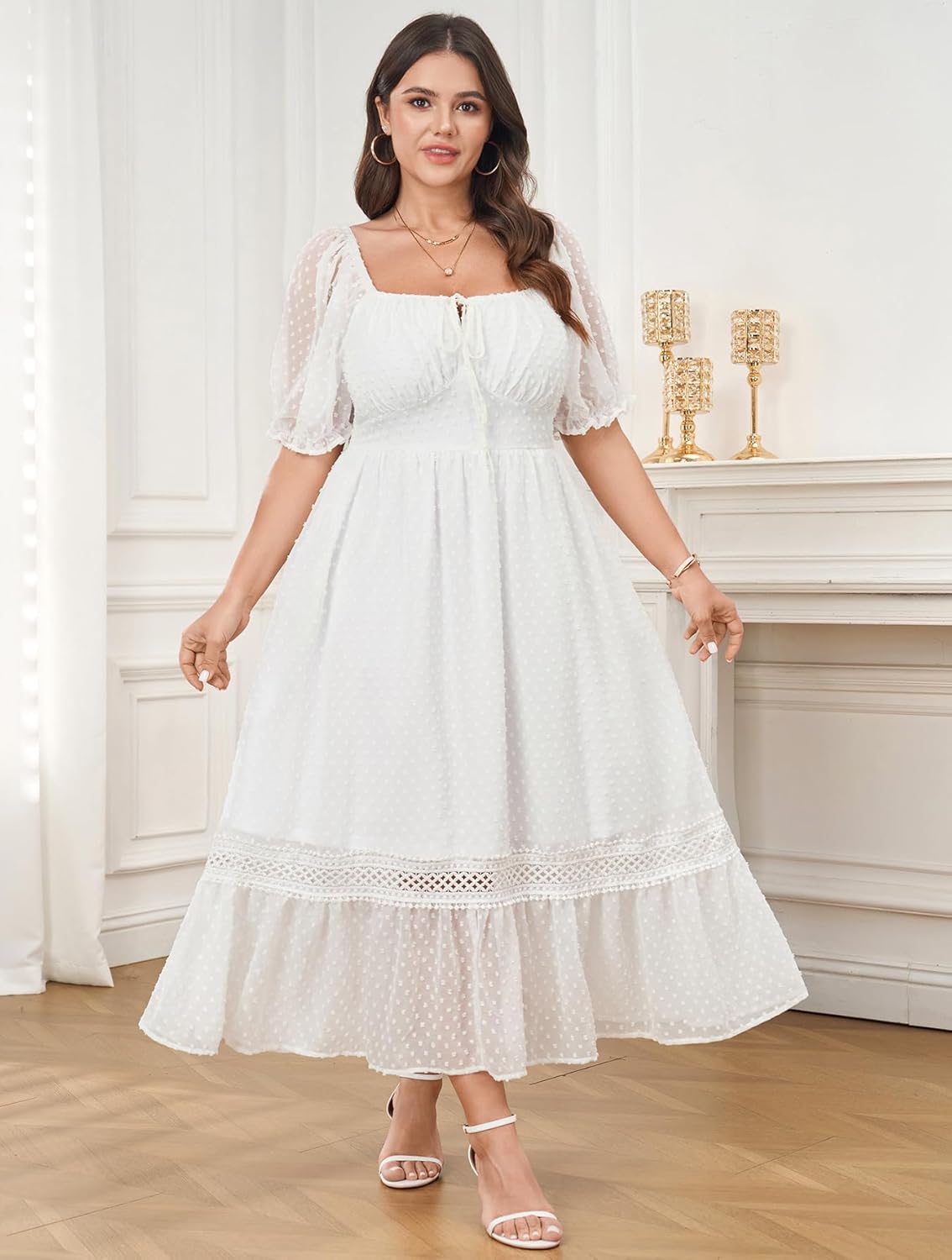 Women's Plus Size Maxi Dress Short Sleeve Square Neck Tie Front Swiss Dot A Line Wedding Guest Dresses - Image 3