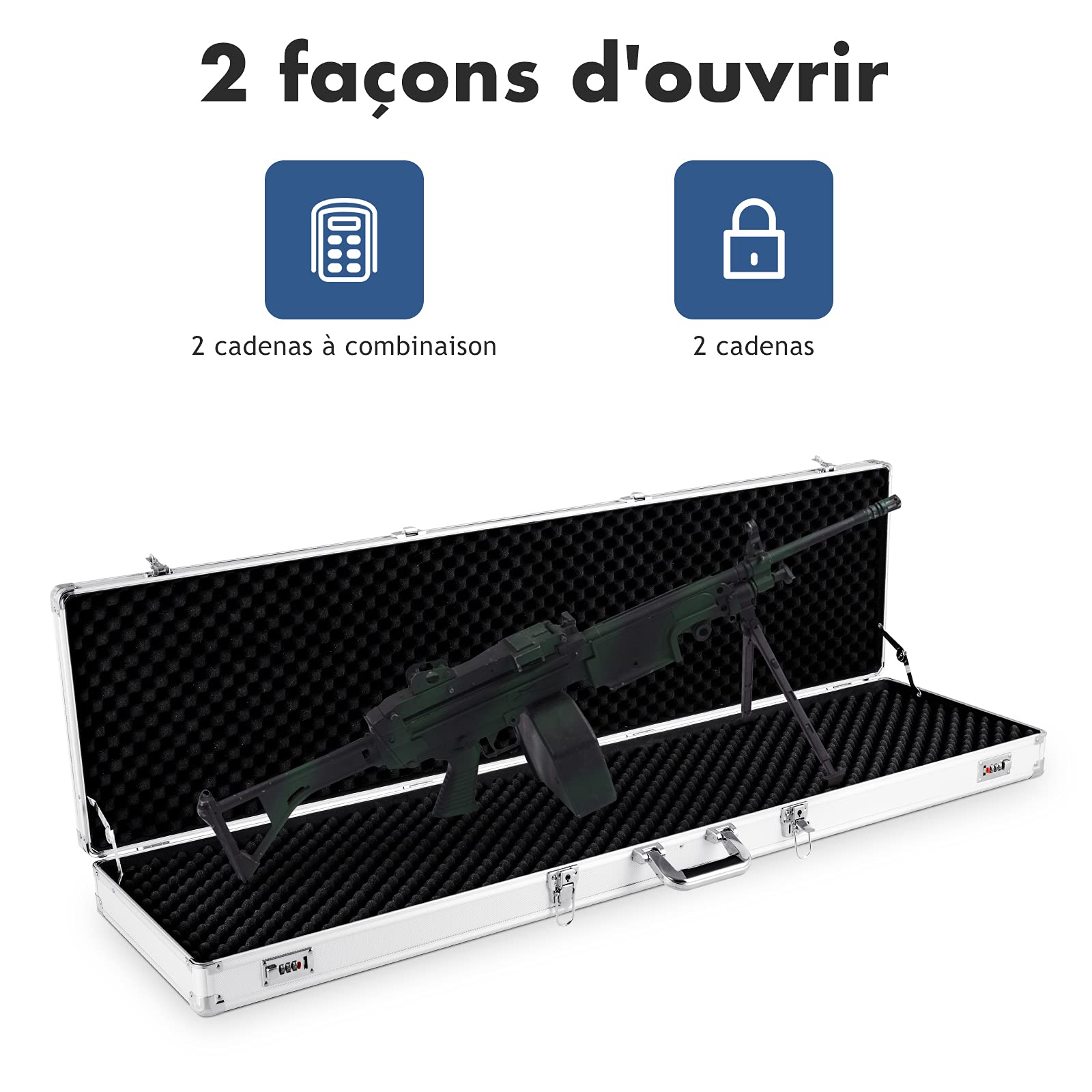 RELAX4LIFE Mallette à Fusil en Aluminium Mallette à Carabine Double Sécurité avec 2 Serrures à Code et 2 Cadenas, Dimension 133,5x34,5x11,5cm(L x I x H) (argenté)