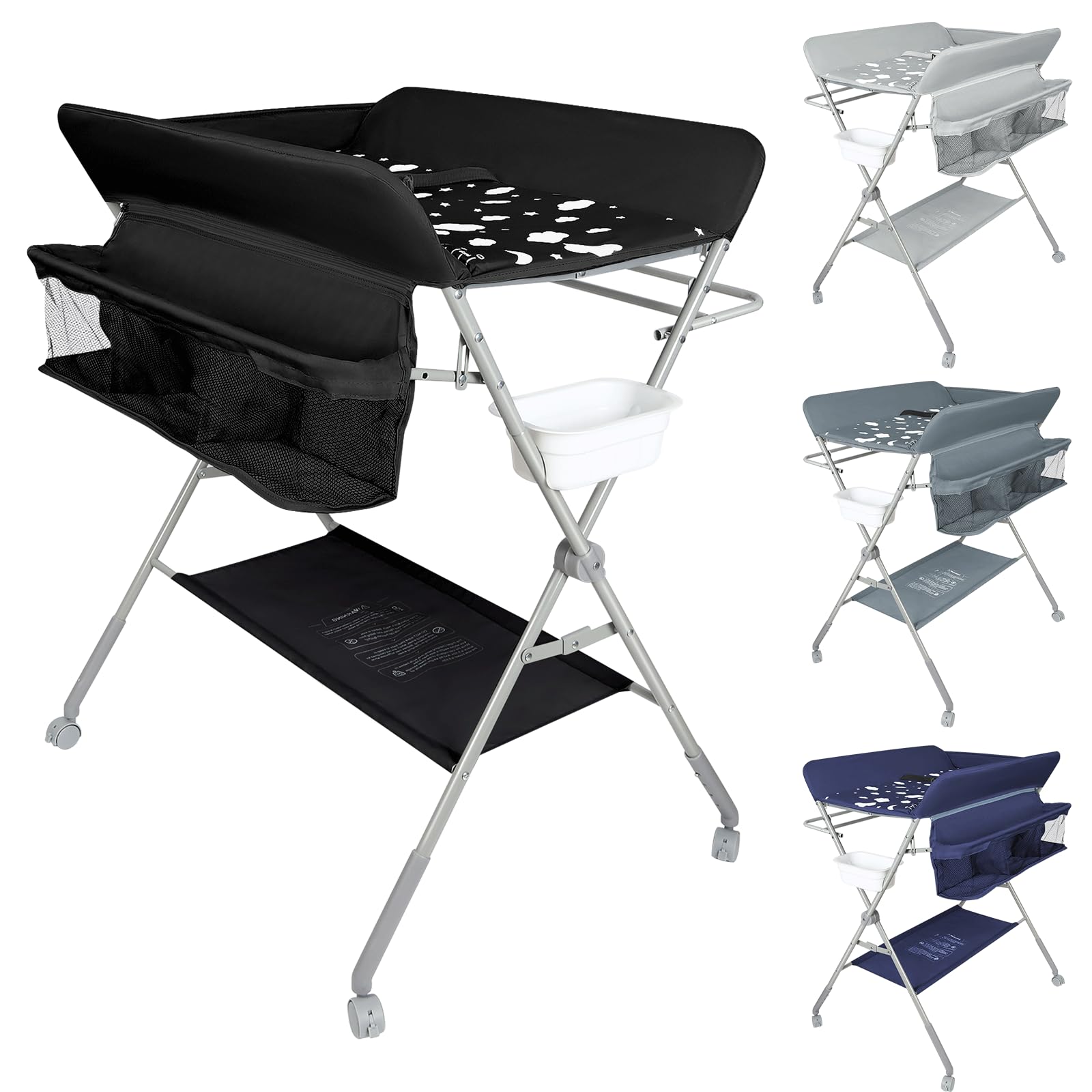 OHMG Baby Wickelkombi Klappbare Wickelkommode,Wickeltisch mit Rollen,Mobiler Wickeltisch mit Wickelauflage,Sicherheitsgurt und Ablagefächern,Wasserdicht und Höhenverstellbar,Stabil