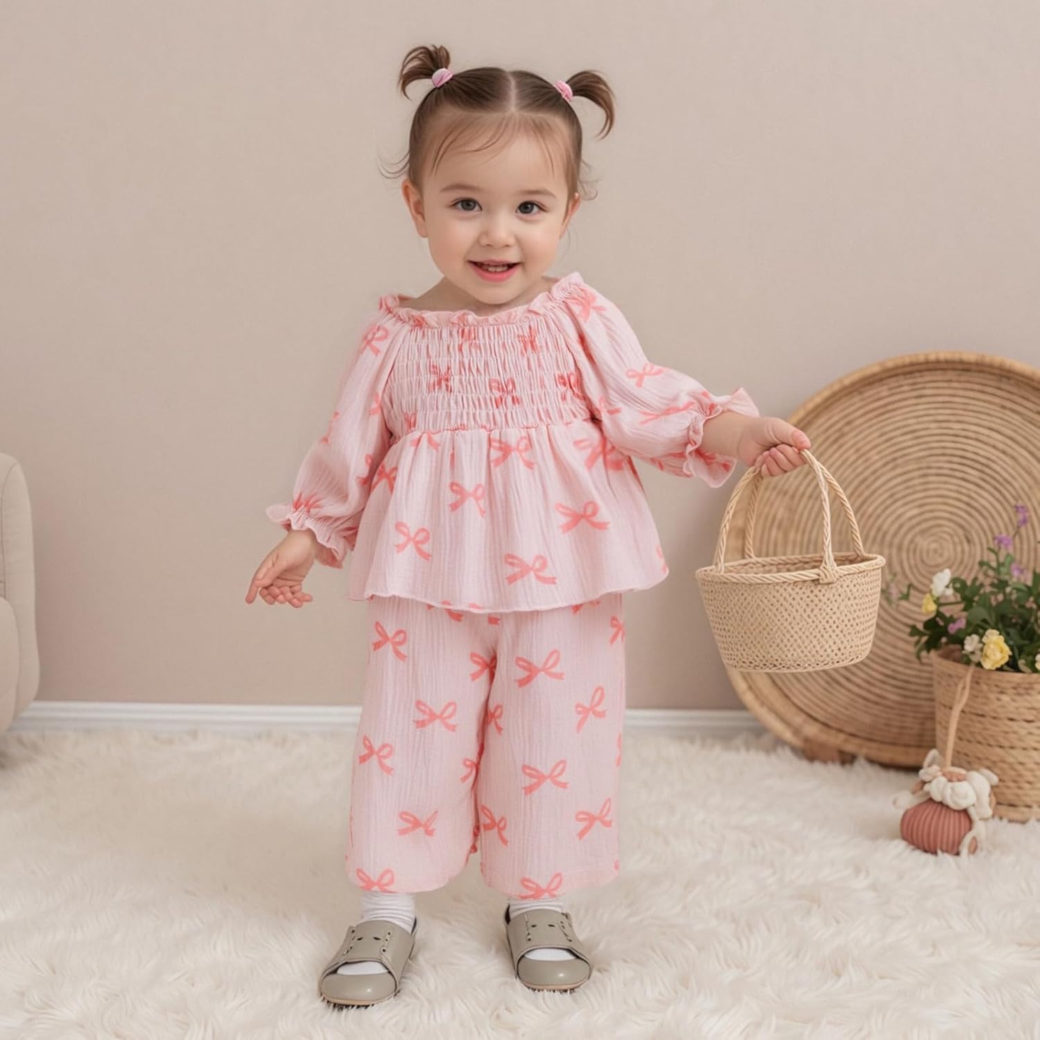 Baby Girl Cotton Linen Clothes Bow Flower Print Ruffle Long Sleeve Smocked Shirt Top Wide Leg Pants 2Pcs Fall Clothes - Image 3
