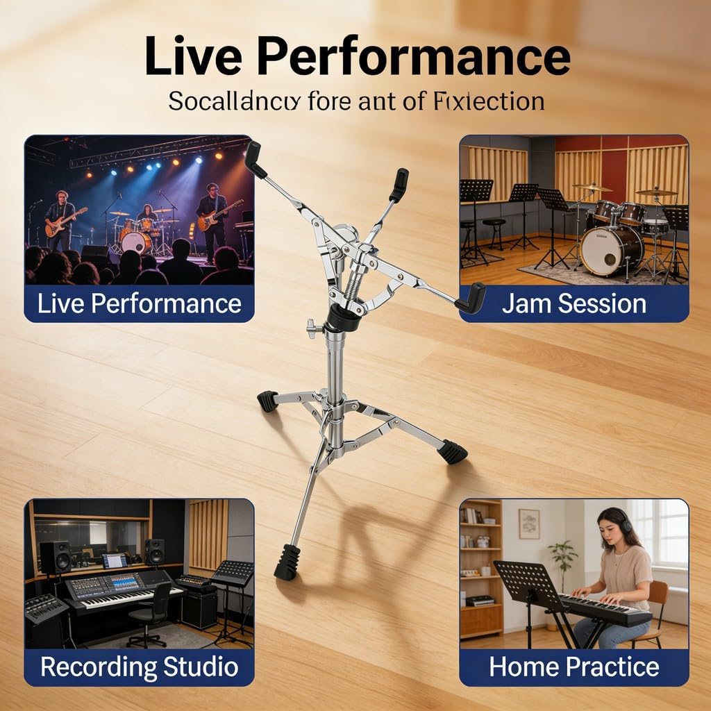 Adjustable Drum Stand Holder, Portable Tripod Drum Support for Snare and Tom Drums, Folding 45 - 70cm Height - Stable Metal Construction, 180 Degree Rotation, Ideal for Practice