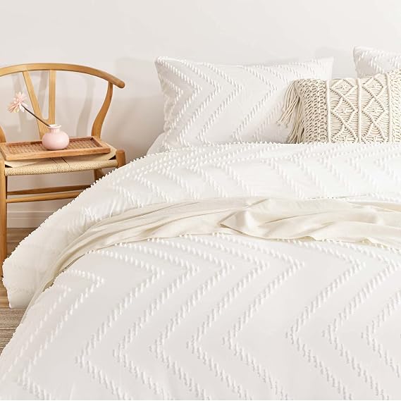 Nanko White Full Comforter Set, Tufted Jacquard Boho Soft Shabby Chic Reversible Down Alternative Microfiber Bedding - All Season Duvet and 2 Pillowcases Farmhouse Bed Sets Women Men 80 x 90 Size 3pc