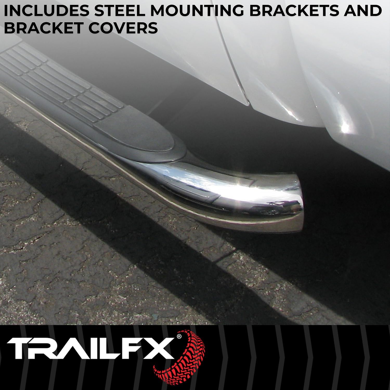 TrailFX Nerf Bar A0069S, 3 In Round Bent, Polished, Stainless Steel, With Step Pads, W/O End Caps, Rocker Panel Mount, Fits 2025 Toyota 4Runner (Will Not Fit Models With Lower Rocker Panel Extensions)