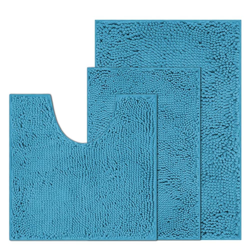 placeroom Bathroom Mat Set of 3, Bath and Toilet Mat Set,Ultra Soft Chenille Bath Mat Non Slip,Bath Mat Sets 3 Piece Washable,Super-Absorbent Bath(Lake Blue bath set)