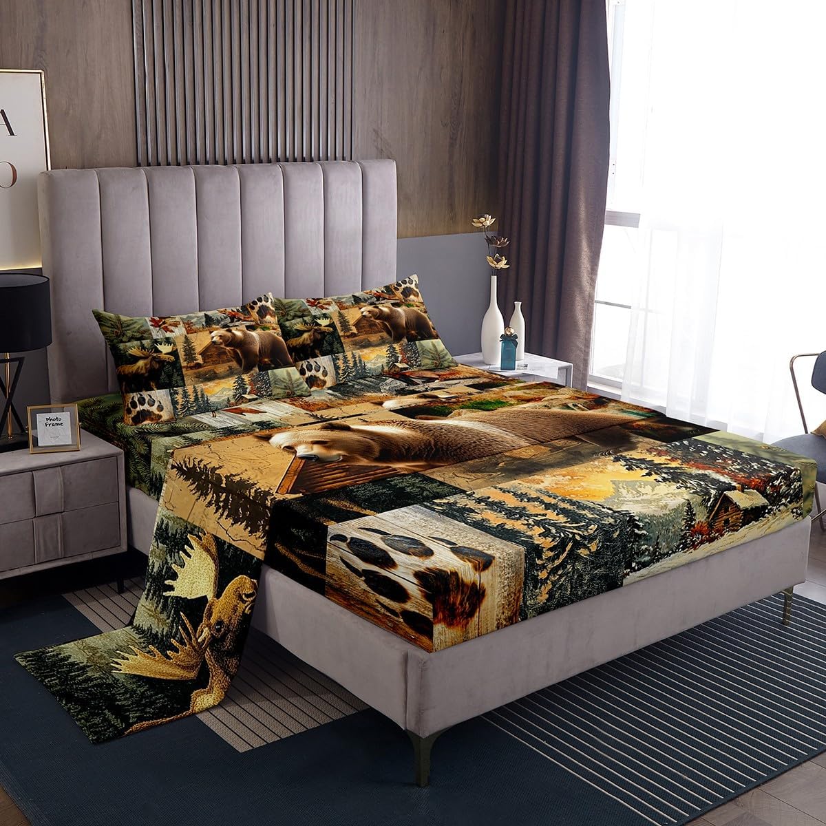 jejeloiu Rustic Sheet Set Queen Size Rustic Cabin Country Sheets with Deep Pocket for Boys Girls Teens Wild Animal Chestnut Brown