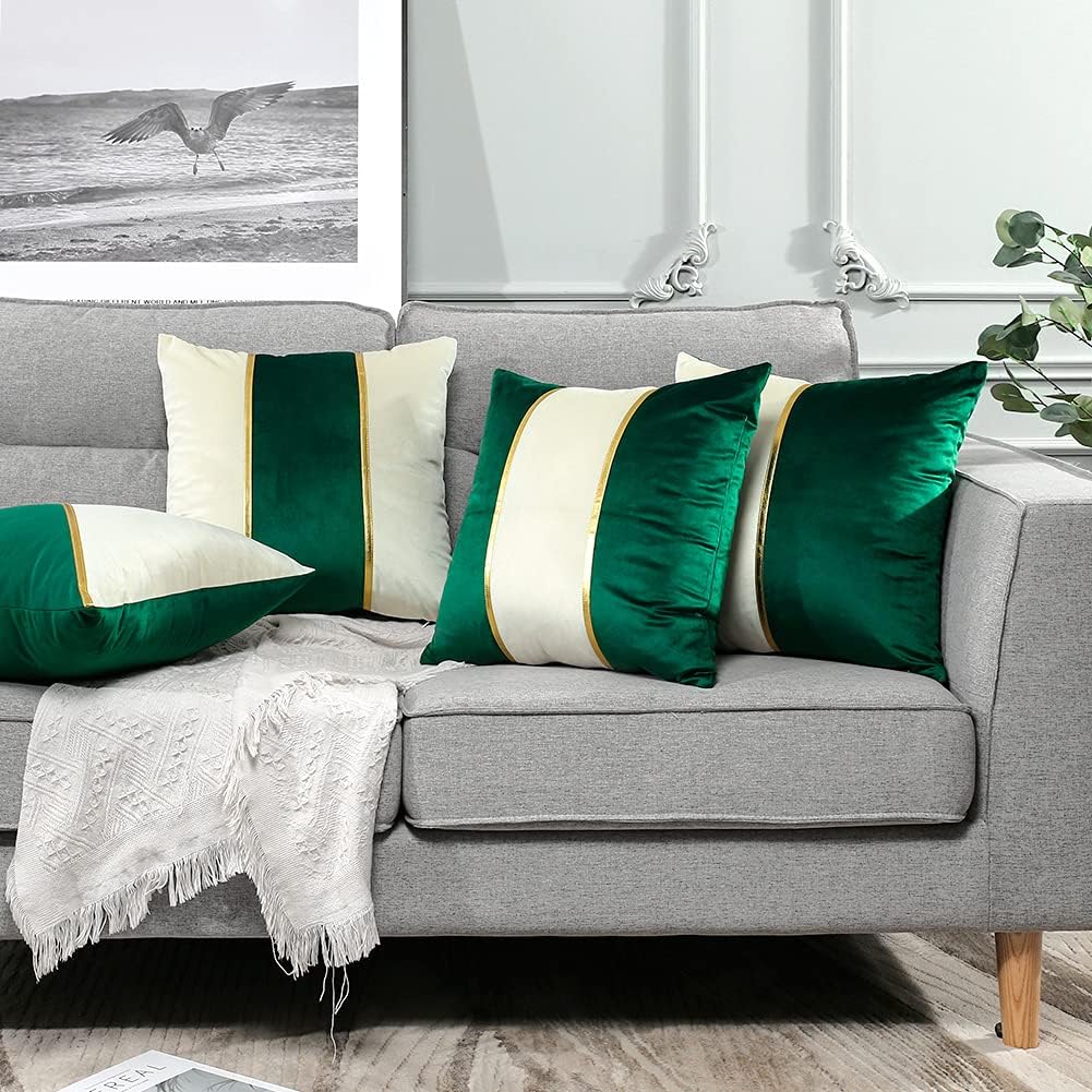 OTOSTAR Set of 4 Soft Velvet Throw Pillow Covers 18x18 Inch Modern Decorative Pillow Covers Gold Leather Striped Square Luxury Pillowcase Cushion Case for Couch Living Room Bed Sofa Home Decor (Green)