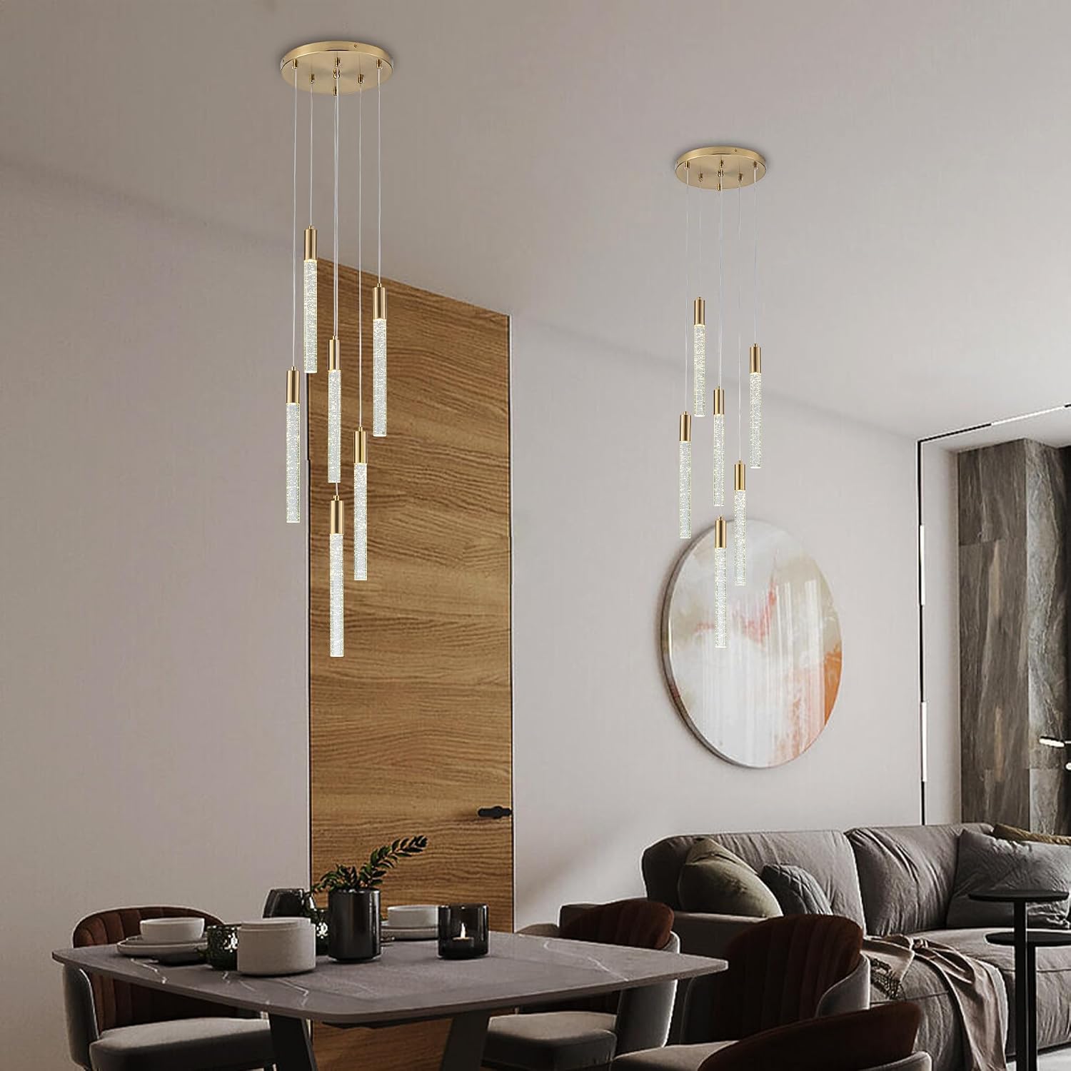 Modern Gold Crystal Chandelier 6-Lights, Cluster Raindrop Column Pendant Lighting, Mini Bubble Hanging Light Fixture Semi Flush Ceiling Lights for Foyer, Dining Room,Staircase, Living Room