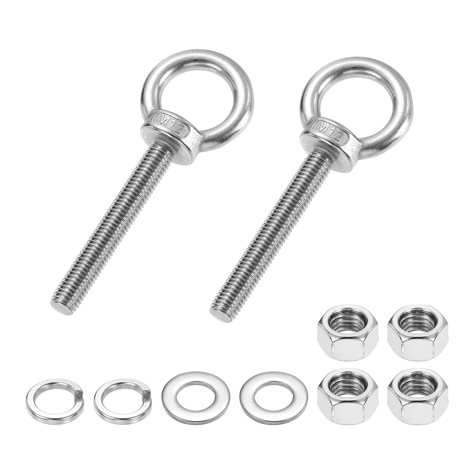 PATIKIL M12 x 80mm Eye Bolt, 2Pcs 304 Stainless Steel Thread Lifting Ring Set Shoulder Eyebolt with Lock Nuts Flat Washers for Hanging Hammocks Articles, Silver