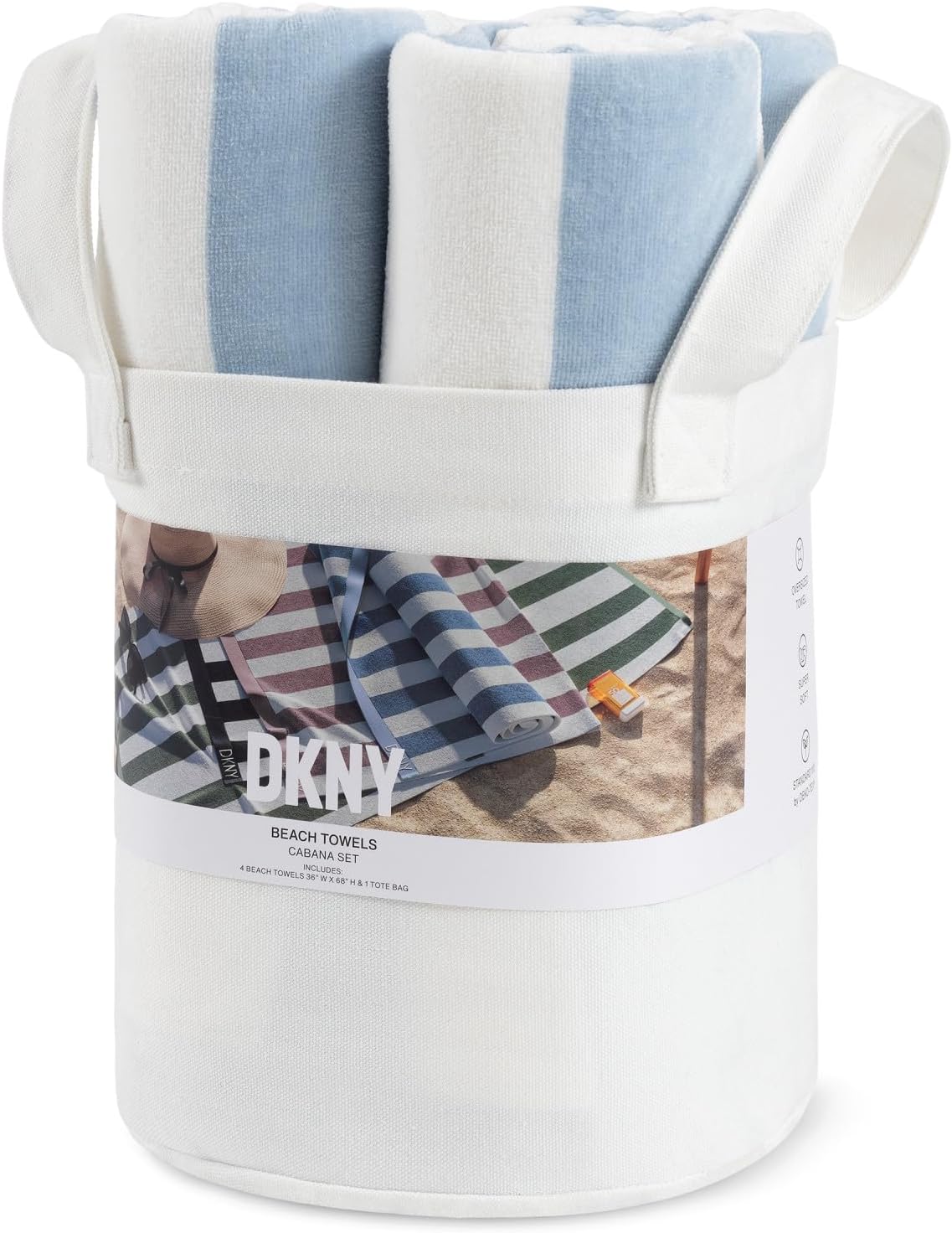 DKNY Towels 4 Pack Towel for Beach, Pool & Travel, 100% Cotton, Embroidered Logo, Soft & Absorbent, Canvas Tote Bag, 36" x 68", Cabana Stripe Blue