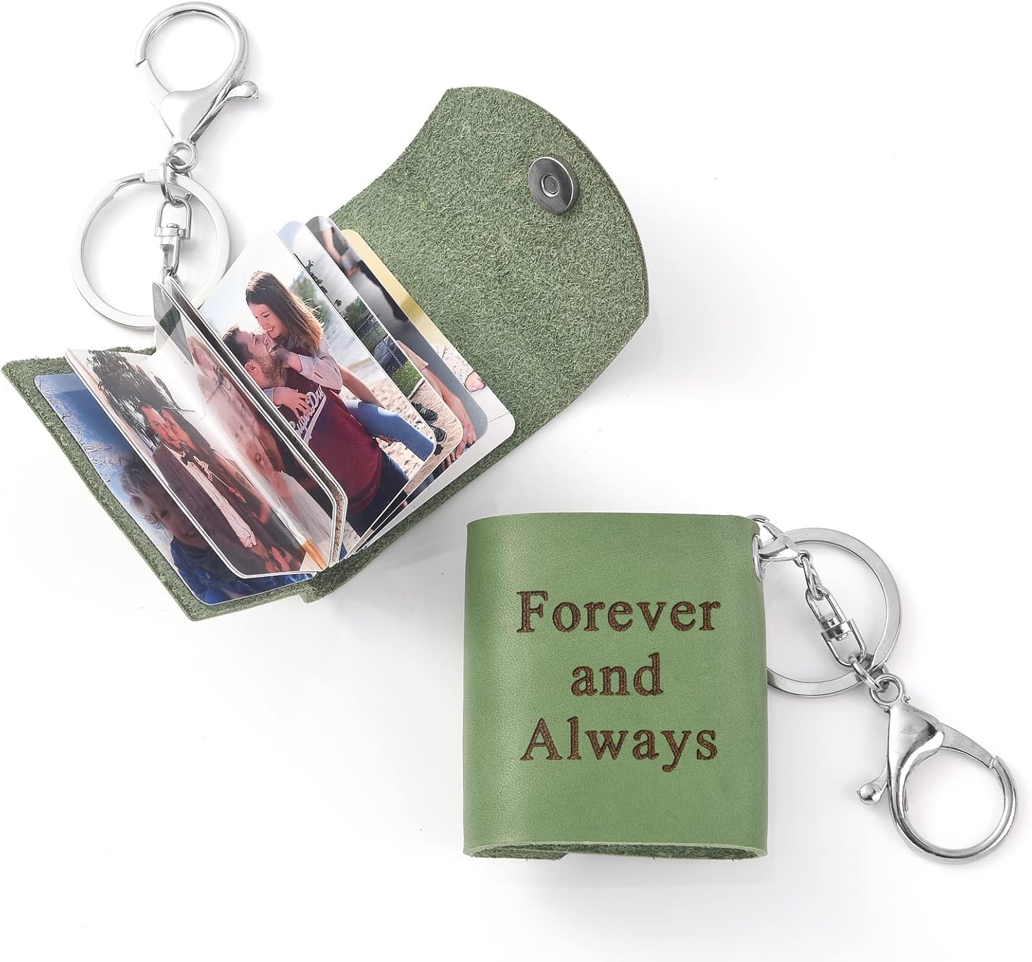 TINGKU Personalized Photo Album Keychain – Custom Mini Leather Photo Book with 12 Pictures, Picture Keychain Keepsake Gift for Couples, Mom, Dad Green