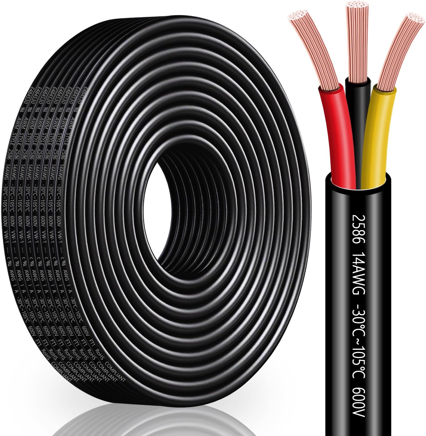14 Gauge Wire 3 Conductor,14 AWG Electrical Wire Stranded PVC Cord Oxygen-Free Copper Cable,200FT 3 Core Pure Copper Flexible Cable Wire for LED Lamp Lighting Strips Automotive (14AWG-3C, 200FT)…