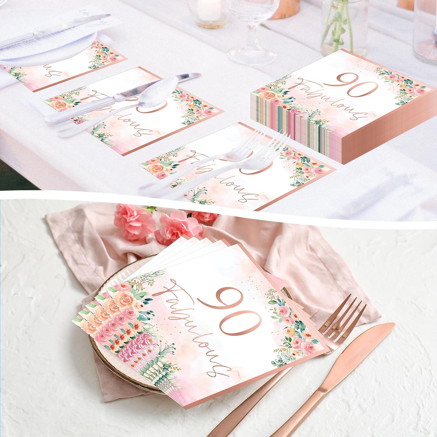 50pcs Fabulous Rose Gold Floral Paper Napkins - Happy 90th Birthday Party Supplies for Women - Image 7