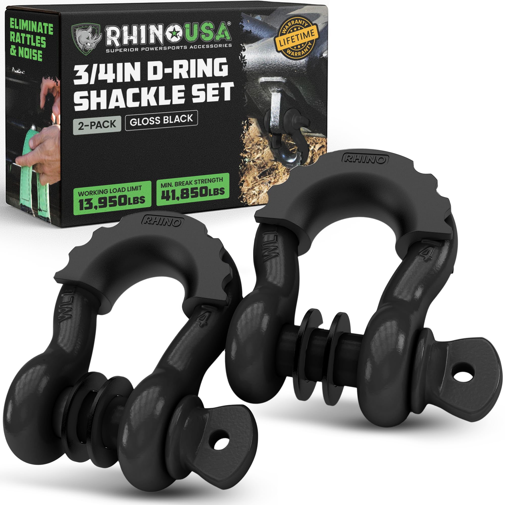 Rhino USA D Ring Shackles (2-Pack) - 41,850lb Break Strength – Heavy Duty 3/4" Clevis Shackle with 7/8 Pin for Towing & Off-Road Use - Pairs with Tow Strap for Vehicle Recovery (Black)