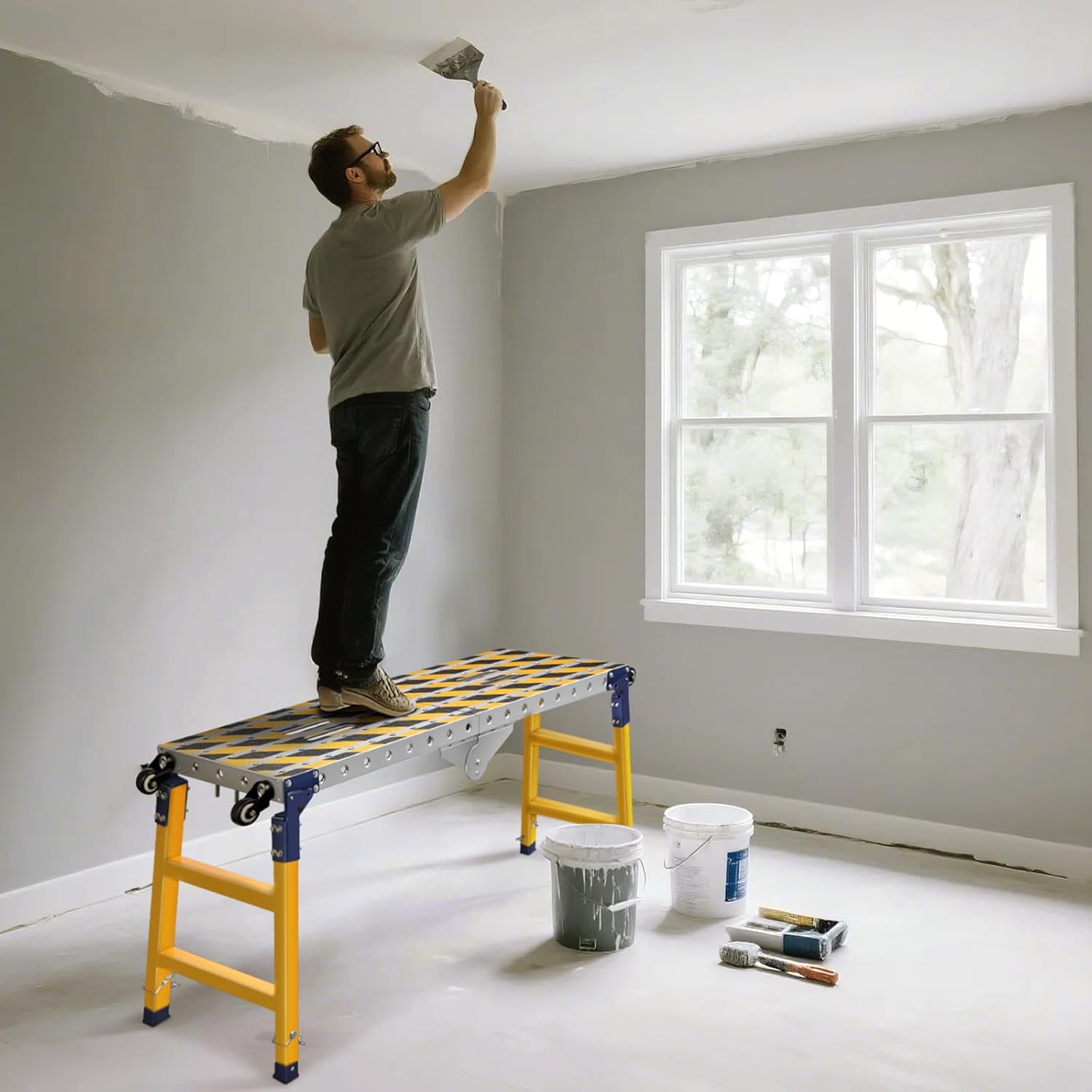 Work Bench+Step Ladder 2 in 1 with 1102 LBS Load Capacity, Versatile Portable Steel Folding Welding Table with Height 23 to 35 inches Adjustable Folding Portable Platform with Non-Slip Mat