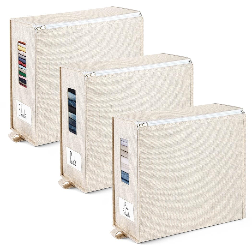 Homaisson 3 Pack Bed sheet organizers and storage, Foldable Sheet Set Organizers for Linen Closet, Fabric Storage Bins for Bed Sheets, Duvet Covers, Pillowcases, Clothes (Queen or King, Khaki)