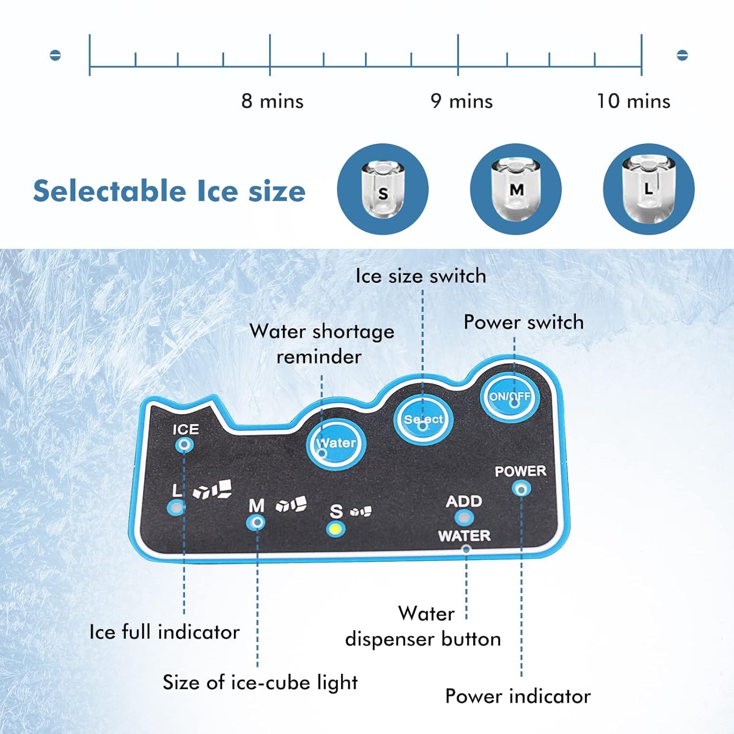 Macchina per il produttore di ghiaccio 48LBS Daily Ice in 8 minuti Distributore di acqua fredda in acciaio senza insalate Auto-Piene per Home Office Bar Par Quick Freeze Efficiente Cestino di sto incl