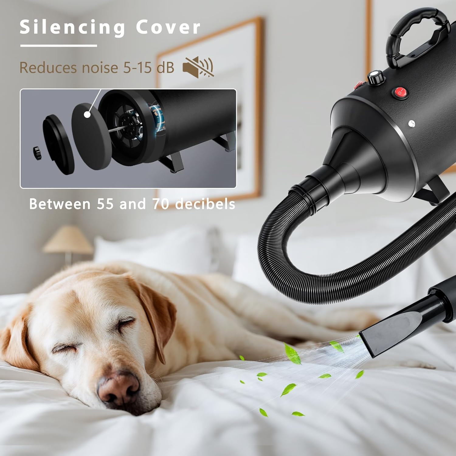 High Velocity Blow Dryer For Dogs, 5.2HP/ 3800W Dog Hair Dryer Speed Temperature Adjustable，Dog Blow Dryer with Thickened Handle,Low Noise Dog Blower Grooming Dryer，4 Nozzles ,1 Massage Brush,Black