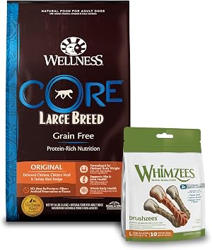 Whimzees Wellness CORE Grain Free Large Breed Dry Dog Food, Chicken, Chicken Meal & Turkey Meal, 26 lb Bag Brushzees Dog Dental Treats, Large, 6 Chews