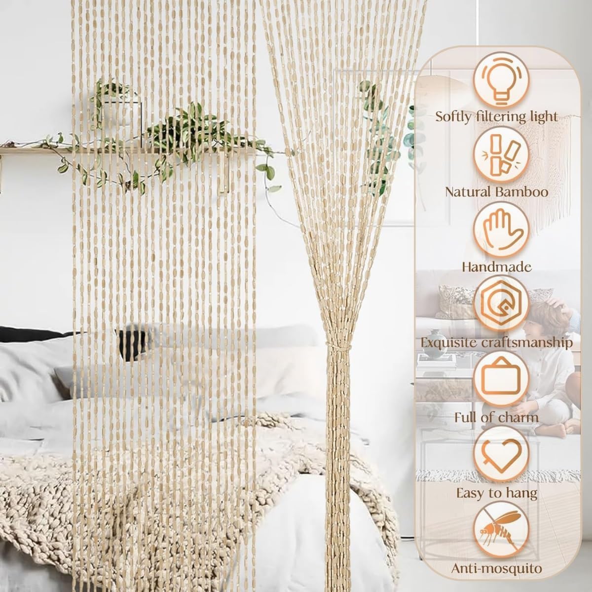 X1NGFU 天然竹ビーズカーテン 木製 レトロ 天然竹ビーズカーテン