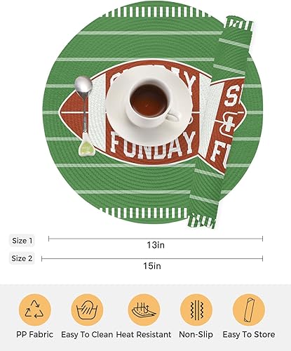 Miniatura 7 de Juego de 4 manteles individuales redondos, manteles individuales deportivos de fútbol, lavables, tejidos, con rayas verdes, trenzados, resistentes