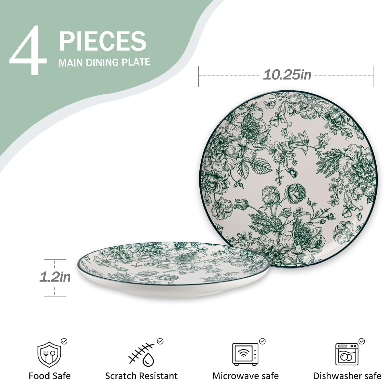 Vintage Green Rose Ceramic Dinner Plates, Set of 4, 10.25 Inch Large Serving Plates for Kitchen, Microwave, Oven & Dishwasher Safe
